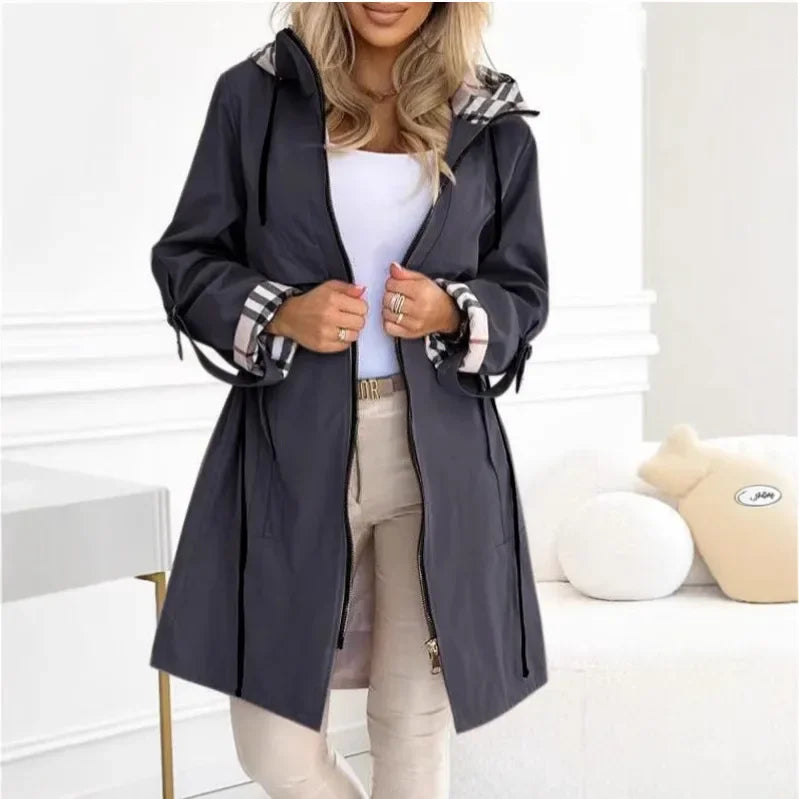 Xyra – Plaid Print Women’s Hooded Long Coat