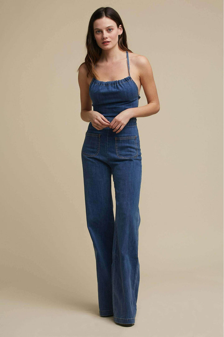 Serena – Women’s Flared Denim with Tie Back Jumpsuit
