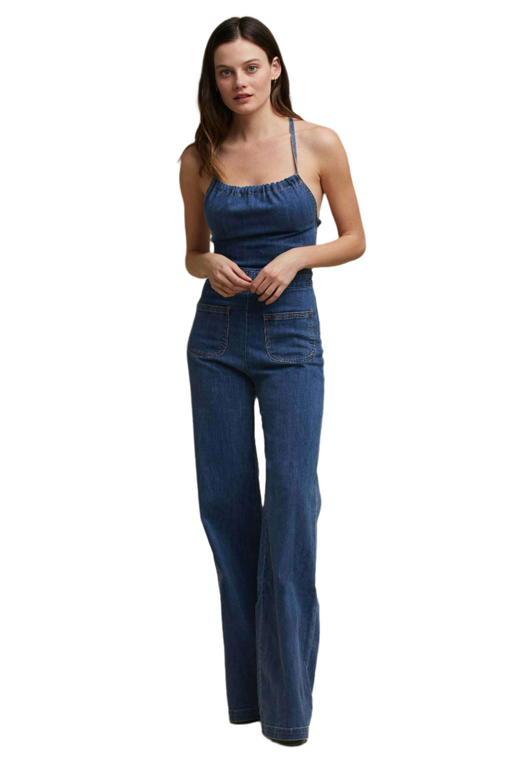 Serena – Women’s Flared Denim with Tie Back Jumpsuit