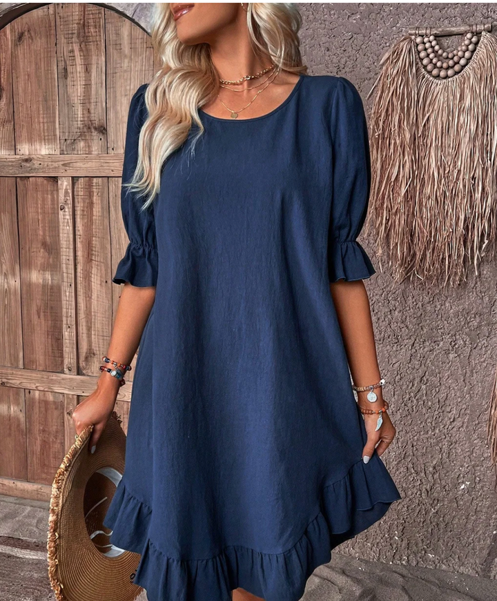 Khione – Women's Puff Sleeve Ruffle Hem Smock Dress