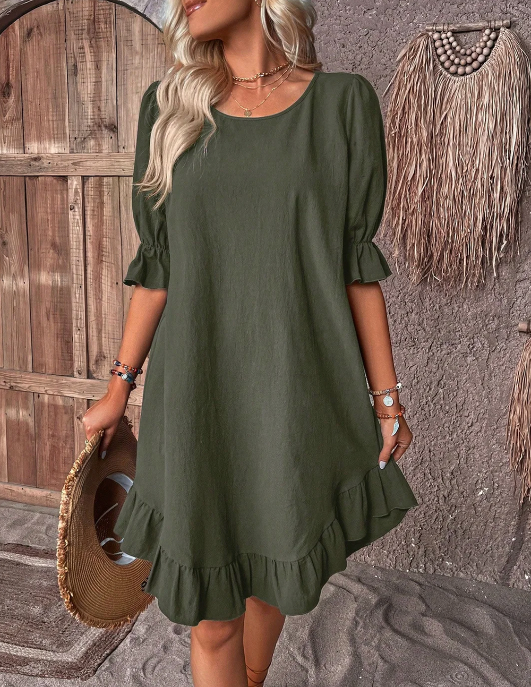 Khione – Women's Puff Sleeve Ruffle Hem Smock Dress