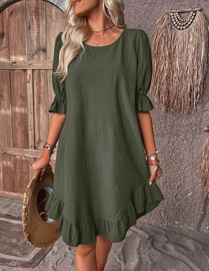 Khione – Women's Puff Sleeve Ruffle Hem Smock Dress