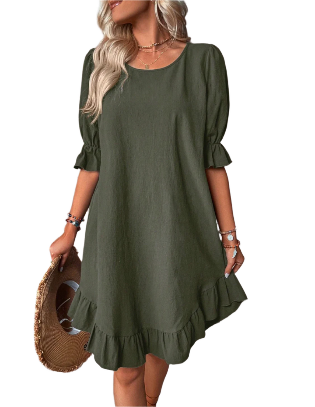 Khione – Women's Puff Sleeve Ruffle Hem Smock Dress