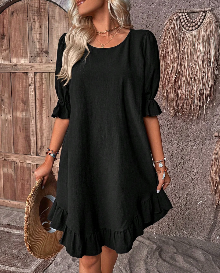 Khione – Women's Puff Sleeve Ruffle Hem Smock Dress