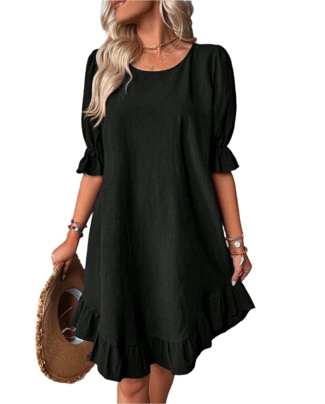 Khione – Women's Puff Sleeve Ruffle Hem Smock Dress