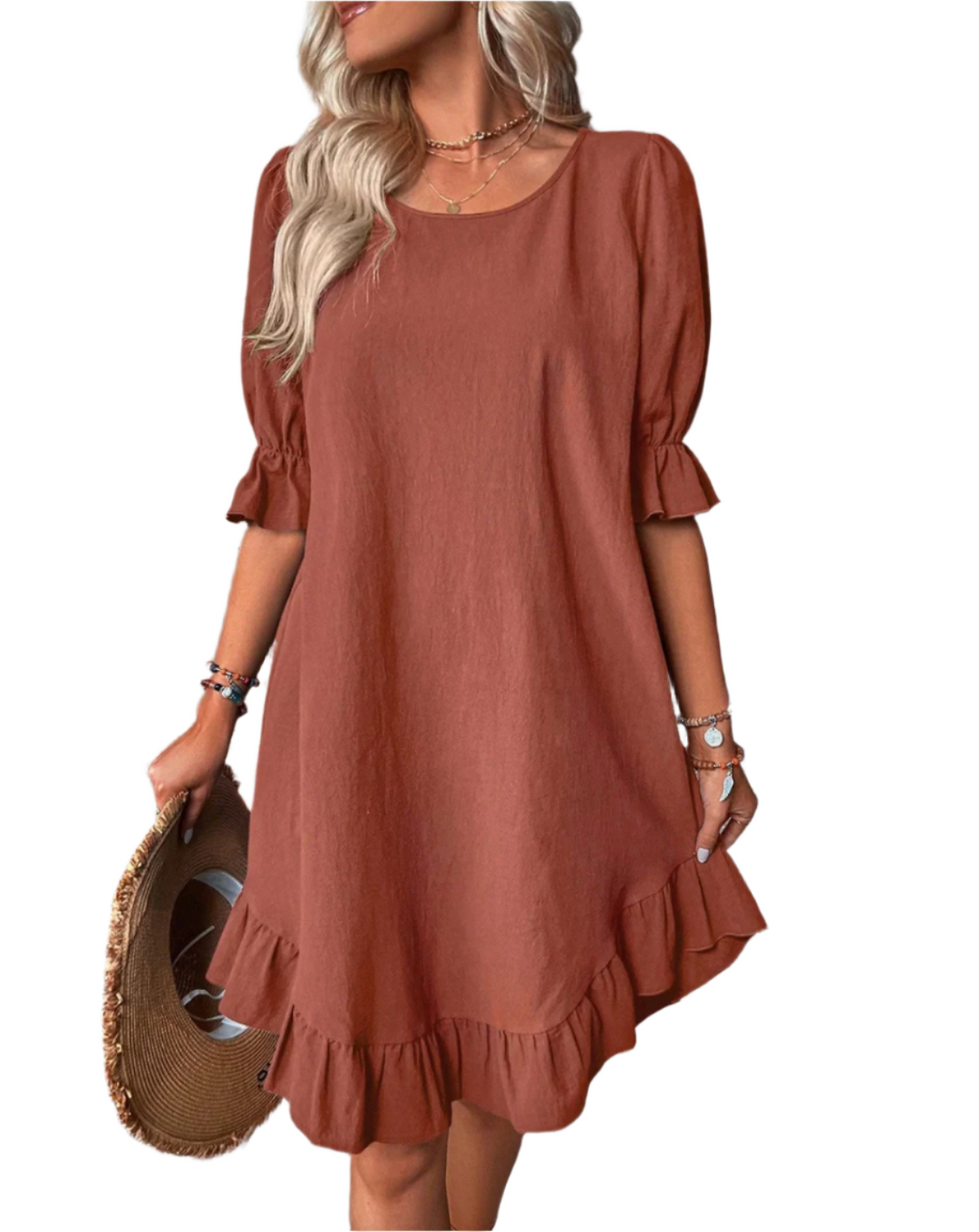 Khione – Women's Puff Sleeve Ruffle Hem Smock Dress