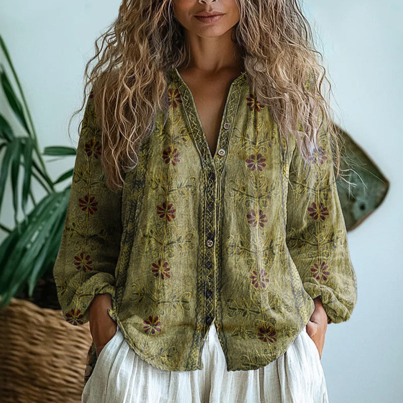 Céline – Retro-Inspired Women’s Leaf Print Blouse