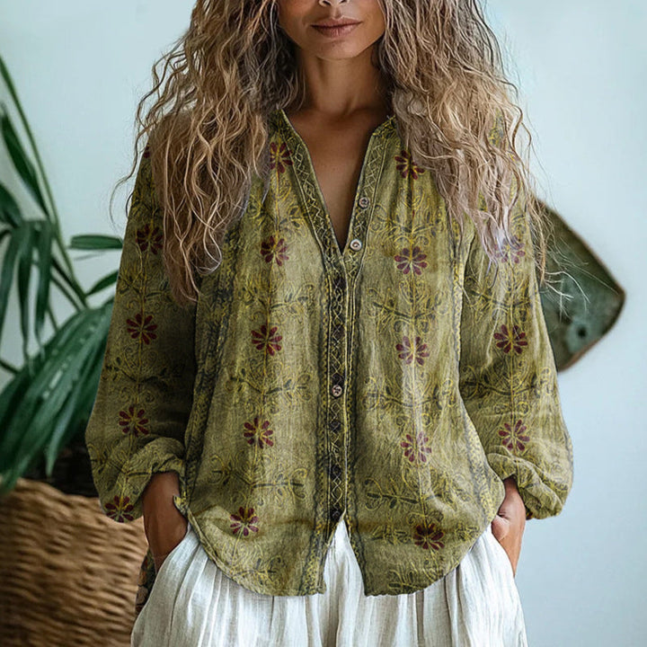 Céline – Retro-Inspired Women’s Leaf Print Blouse