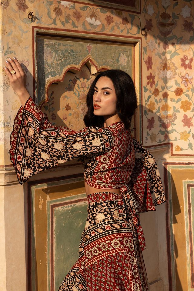 Delilah – Women's Cotton Wrap Top & Skirt Set in Red Blockprint