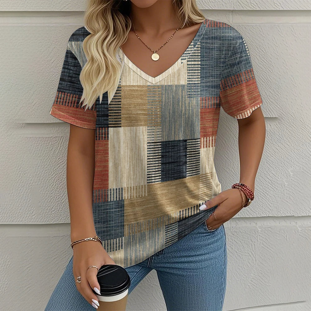 Selena – Vibrant Women’s Abstract V-Neck Blouse