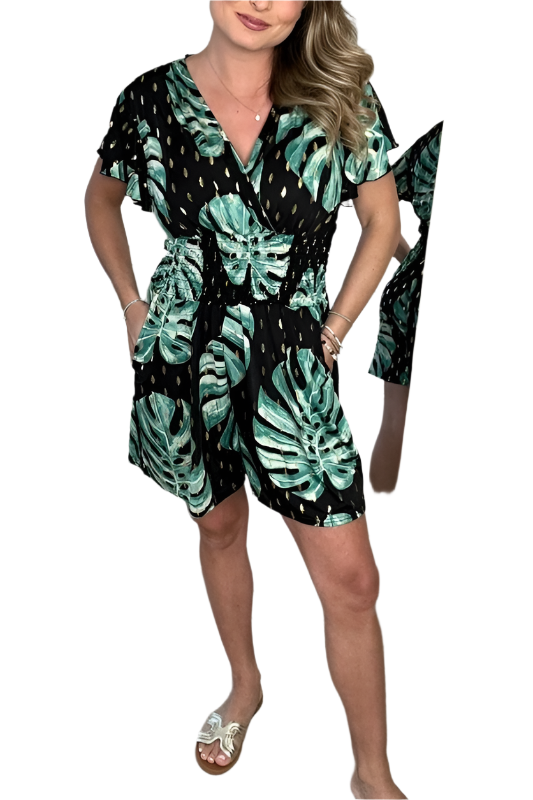 Lacey – Lace-Trimmed Women’s Botanical Print Jumpsuit