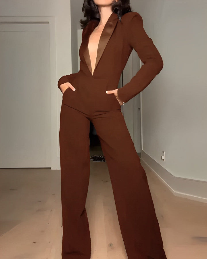 Khione – Women’s Long-Sleeved V-Neck Waist Jumpsuit