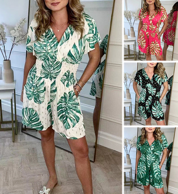 Lacey – Lace-Trimmed Women’s Botanical Print Jumpsuit