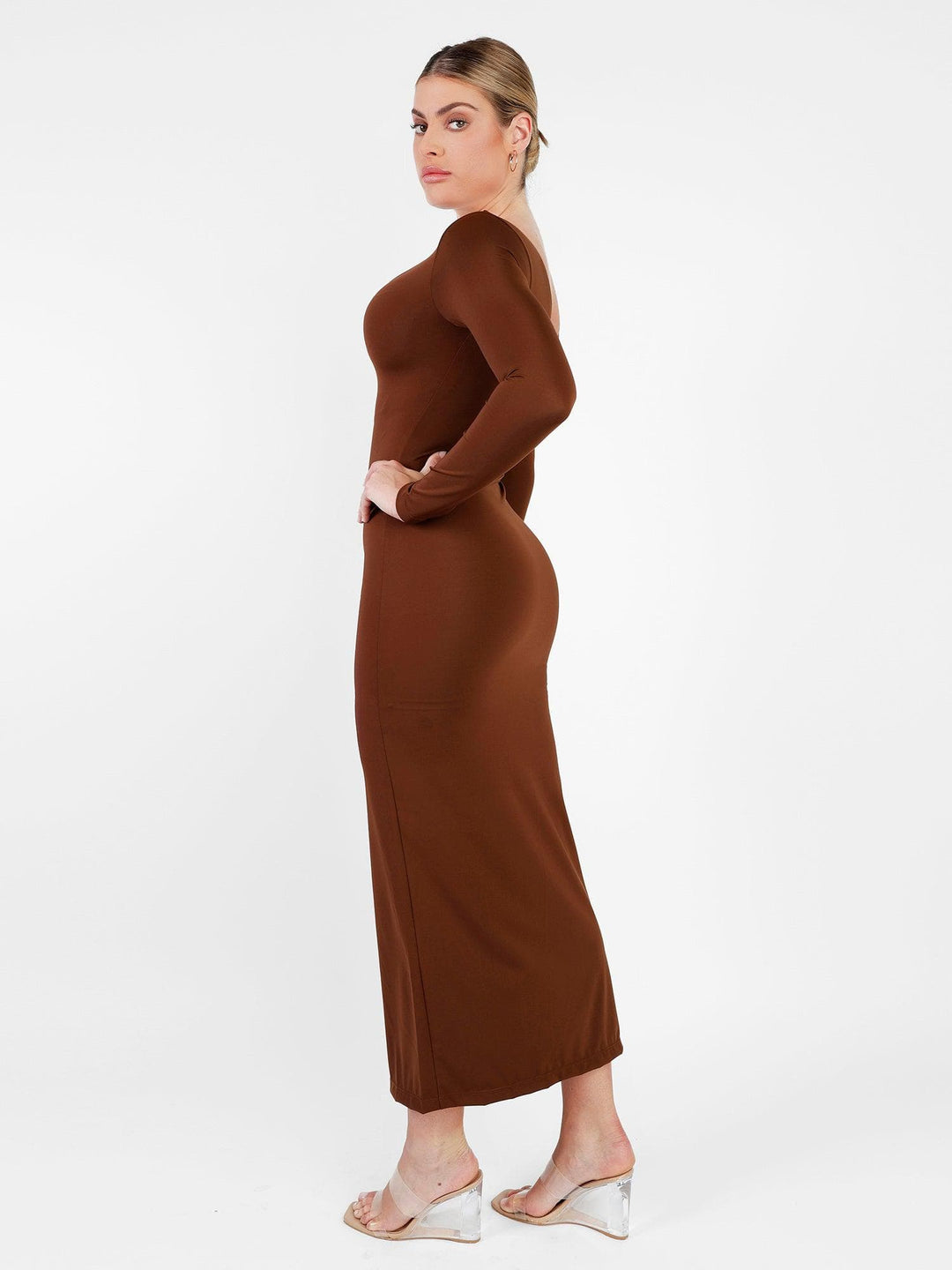 Clarize – Shapewear Long Sleeve V-Neck Slimming Maxi Dress
