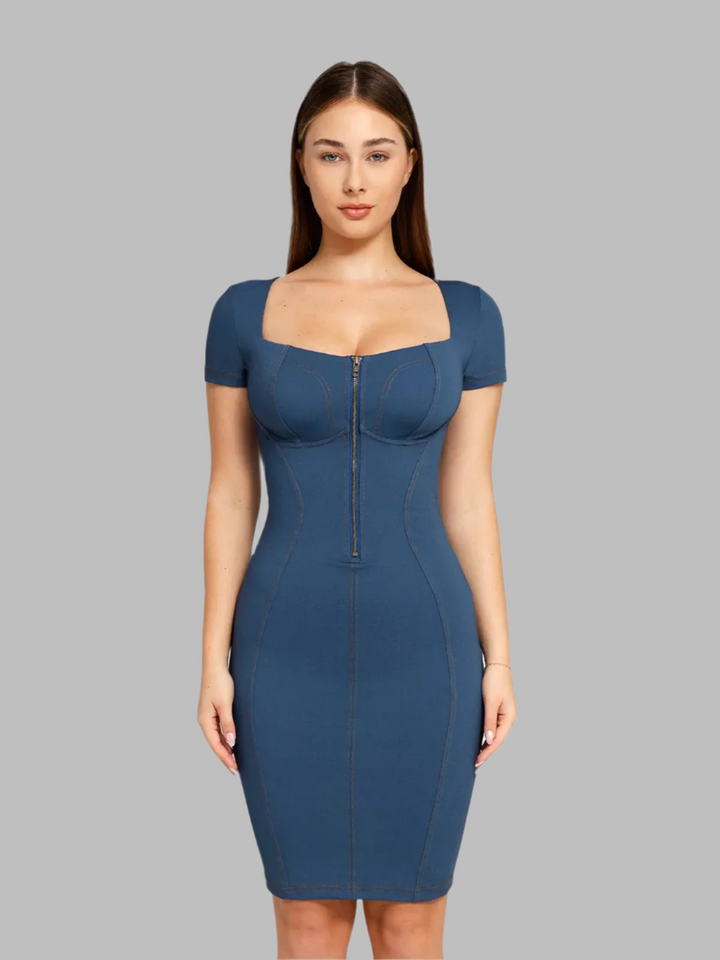 Evelyn – Sculpting Denim-Inspired Women’s Midi Dress