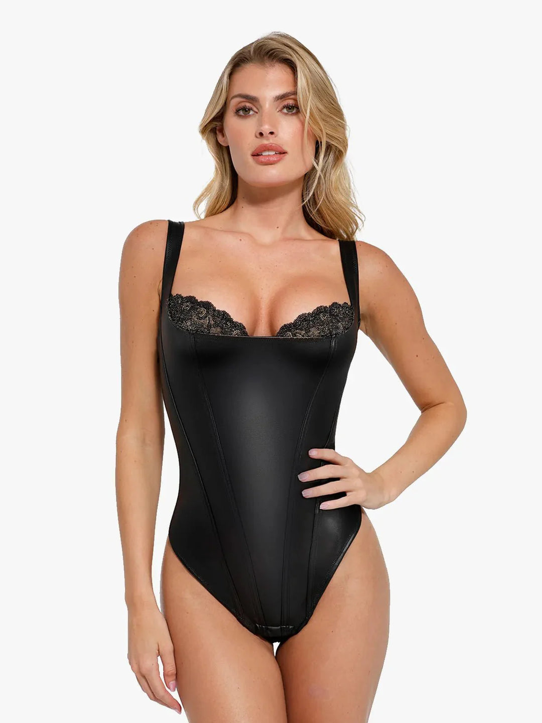 Ava – Women’s Sculpting Faux Leather Lace Bodysuit