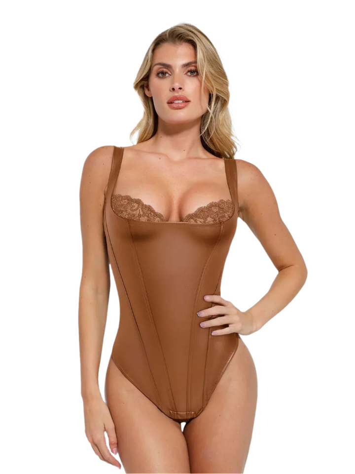 Ava – Women’s Sculpting Faux Leather Lace Bodysuit
