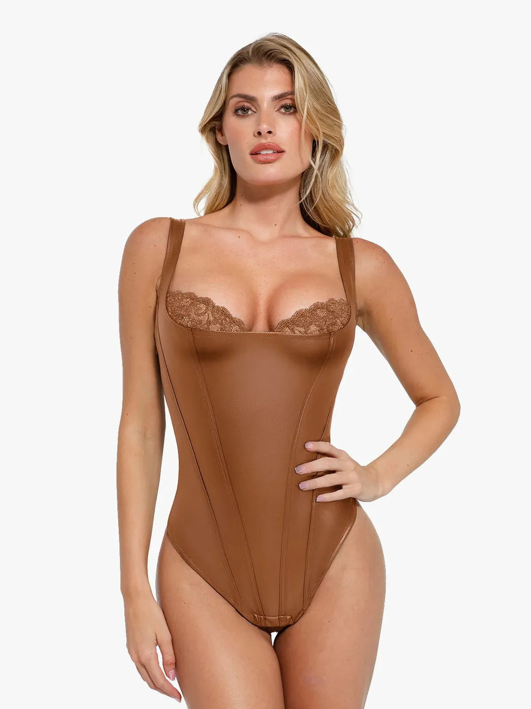 Ava – Women’s Sculpting Faux Leather Lace Bodysuit