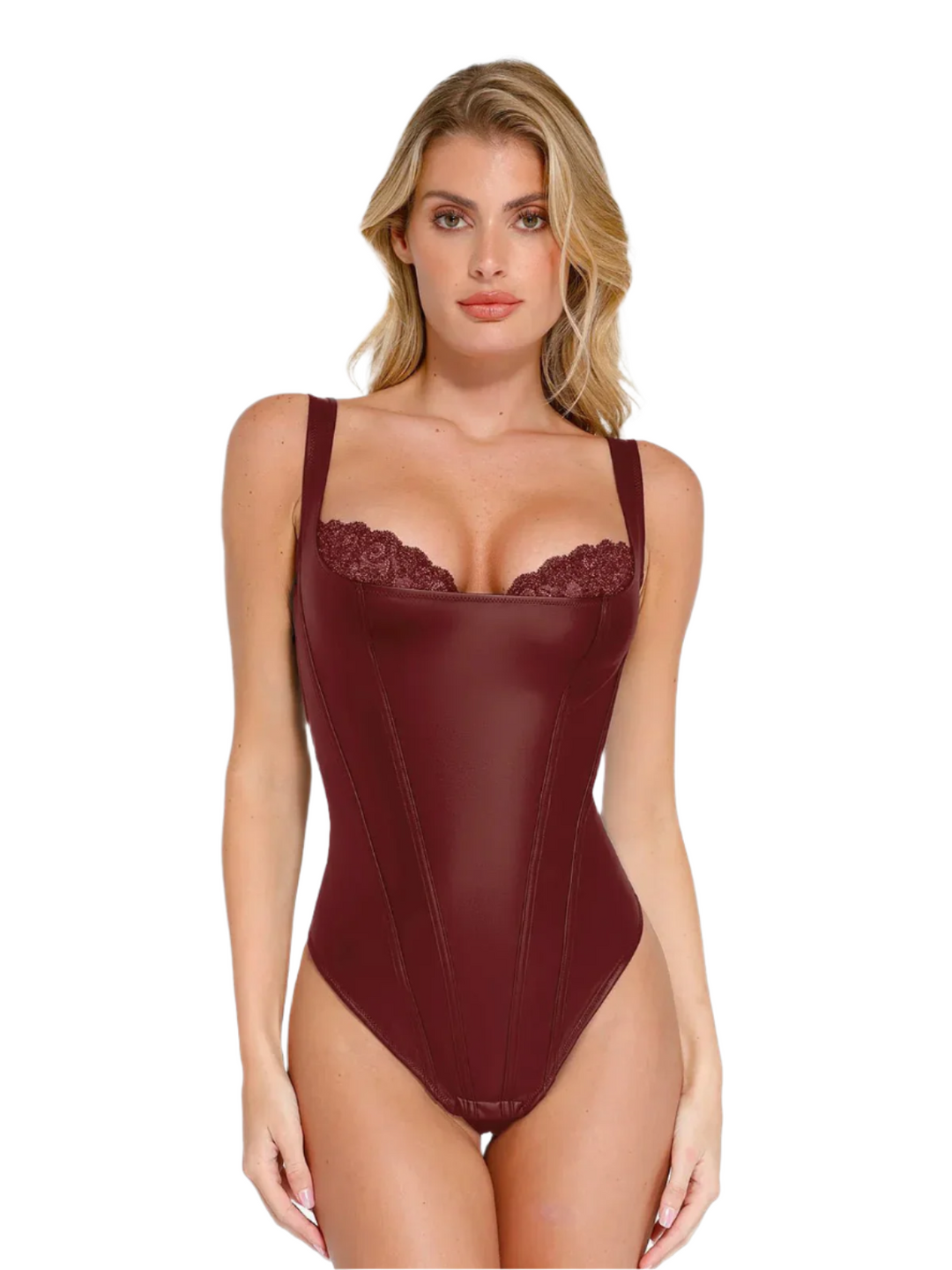 Ava – Women’s Sculpting Faux Leather Lace Bodysuit