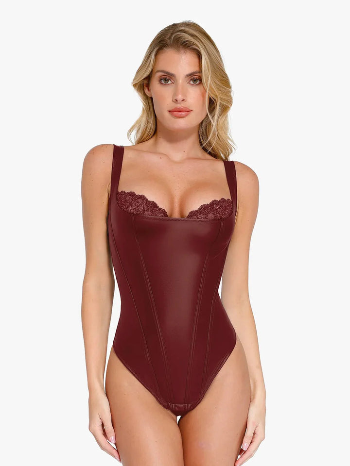 Ava – Women’s Sculpting Faux Leather Lace Bodysuit