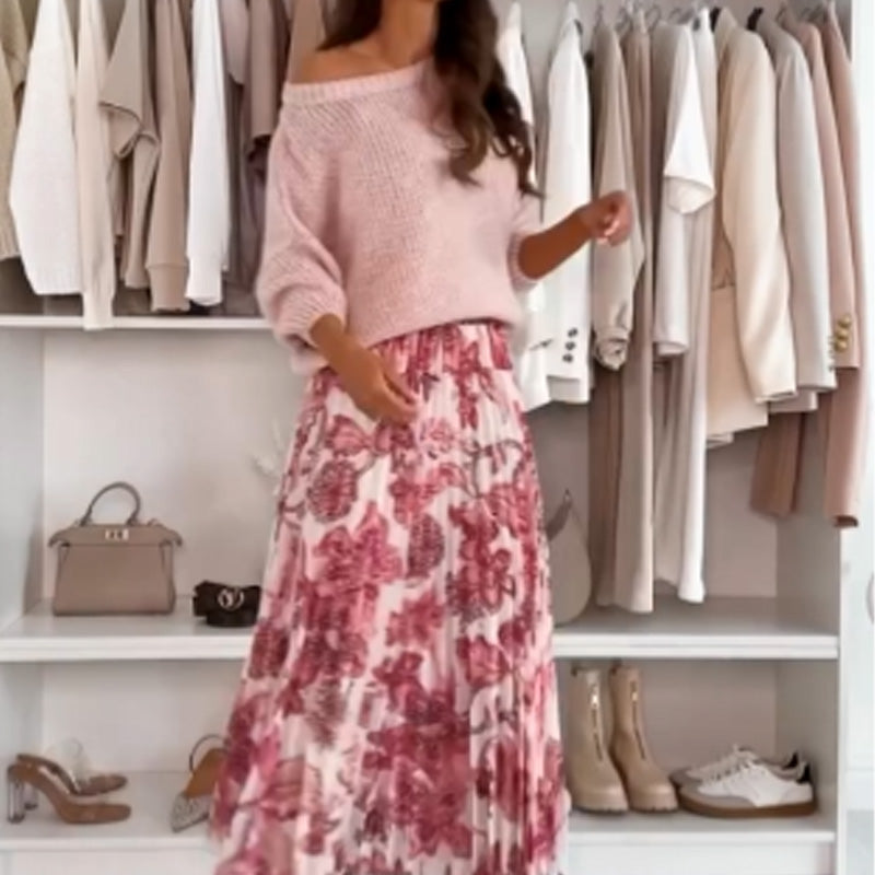 Demi – Women’s Crew Neck Top & Printed Belted Skirt Set