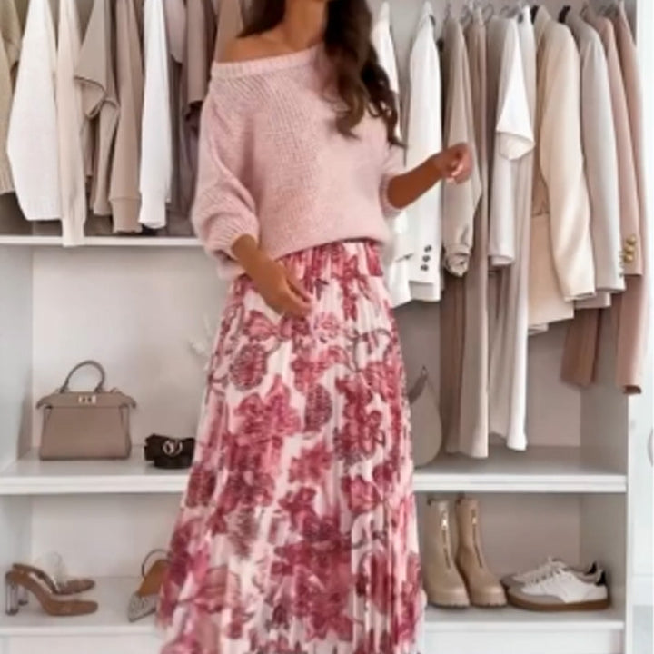 Demi – Women’s Crew Neck Top & Printed Belted Skirt Set