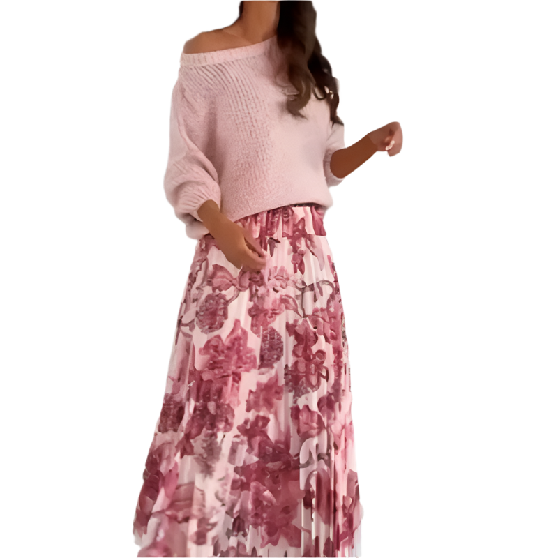 Demi – Women’s Crew Neck Top & Printed Belted Skirt Set