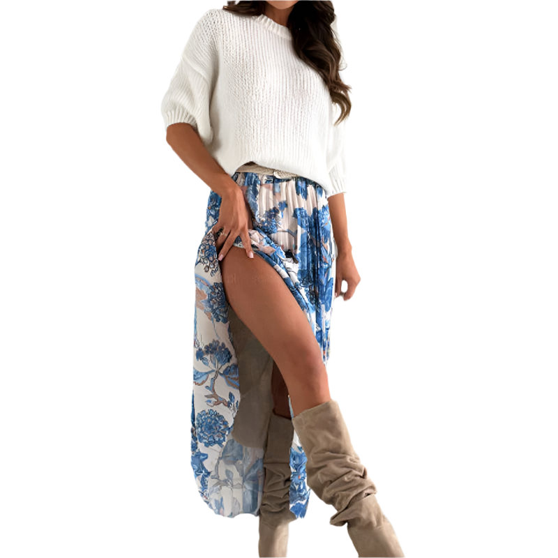 Demi – Women’s Crew Neck Top & Printed Belted Skirt Set
