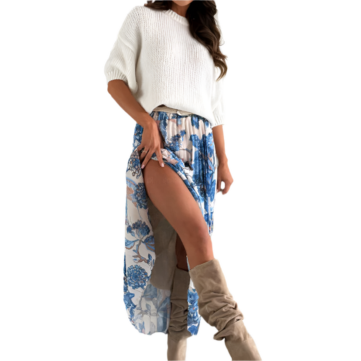 Demi – Women’s Crew Neck Top & Printed Belted Skirt Set