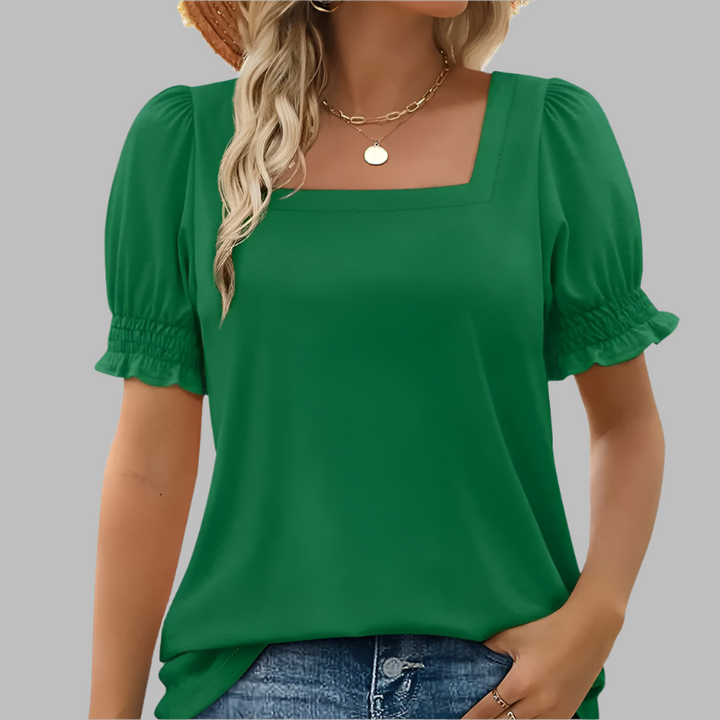 Bridget – Square Neck Women’s Smocked Sleeve T-Shirt