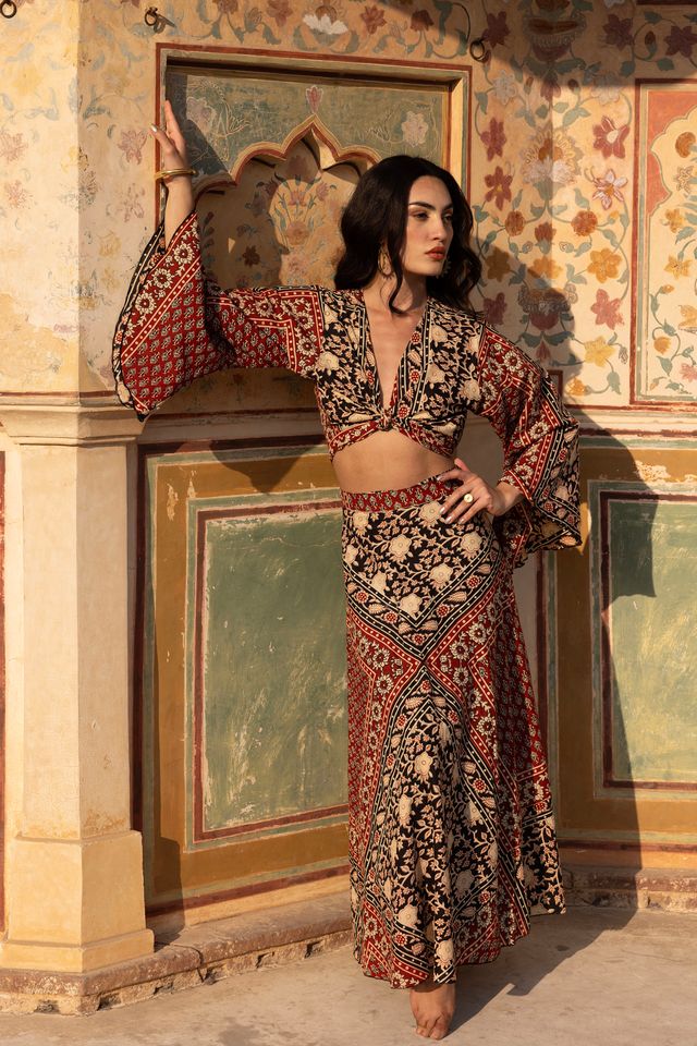 Delilah – Women's Cotton Wrap Top & Skirt Set in Red Blockprint