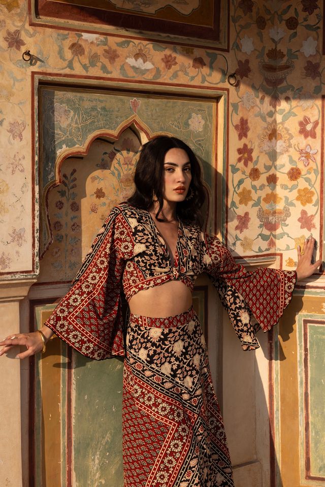 Delilah – Women's Cotton Wrap Top & Skirt Set in Red Blockprint